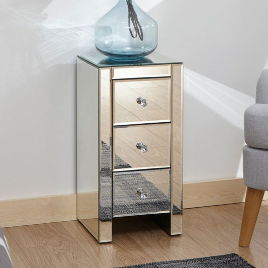 GFW Venetian Slim Bedside Table Mirrored 3 Drawers