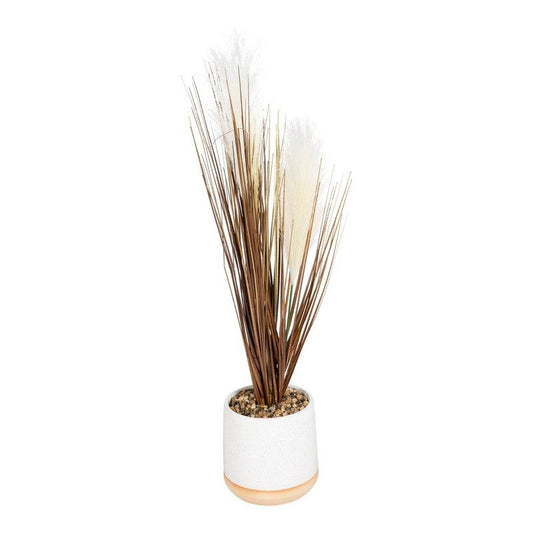 Geko Artificial Grasses In A White Pot With White Feathers - 50cm