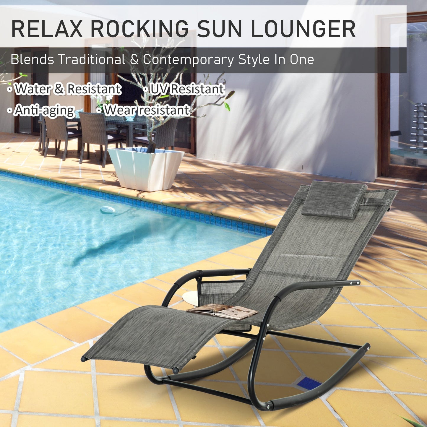 Outsunny Breathable Mesh Rocking Chair Patio Rocker Lounge For Indoor & Outdoor Recliner Seat W/ Removable Headrest For Garden And Patio Dark Grey