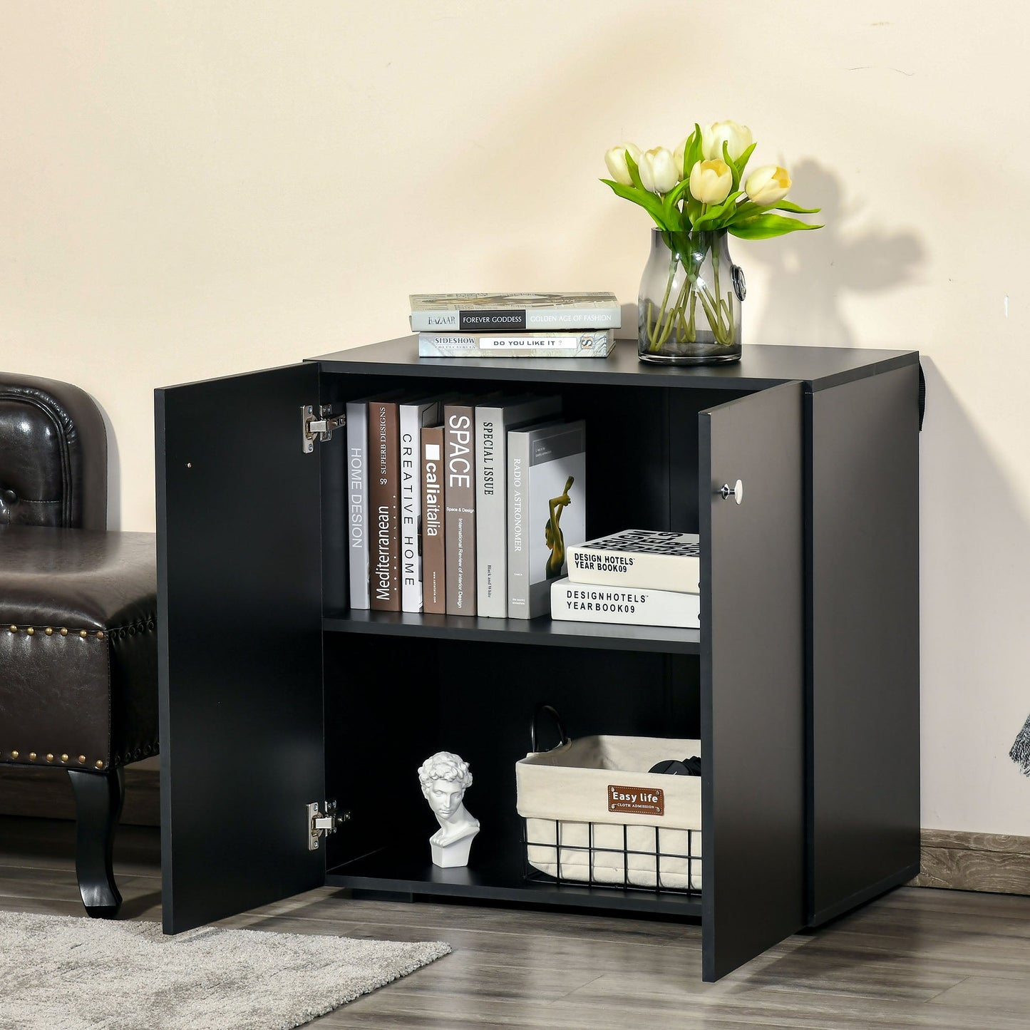 Homcom Storage Cabinet With Two Shelves Wooden Sideboard Freestanding Kitchen Cupboard Bookcase - Black