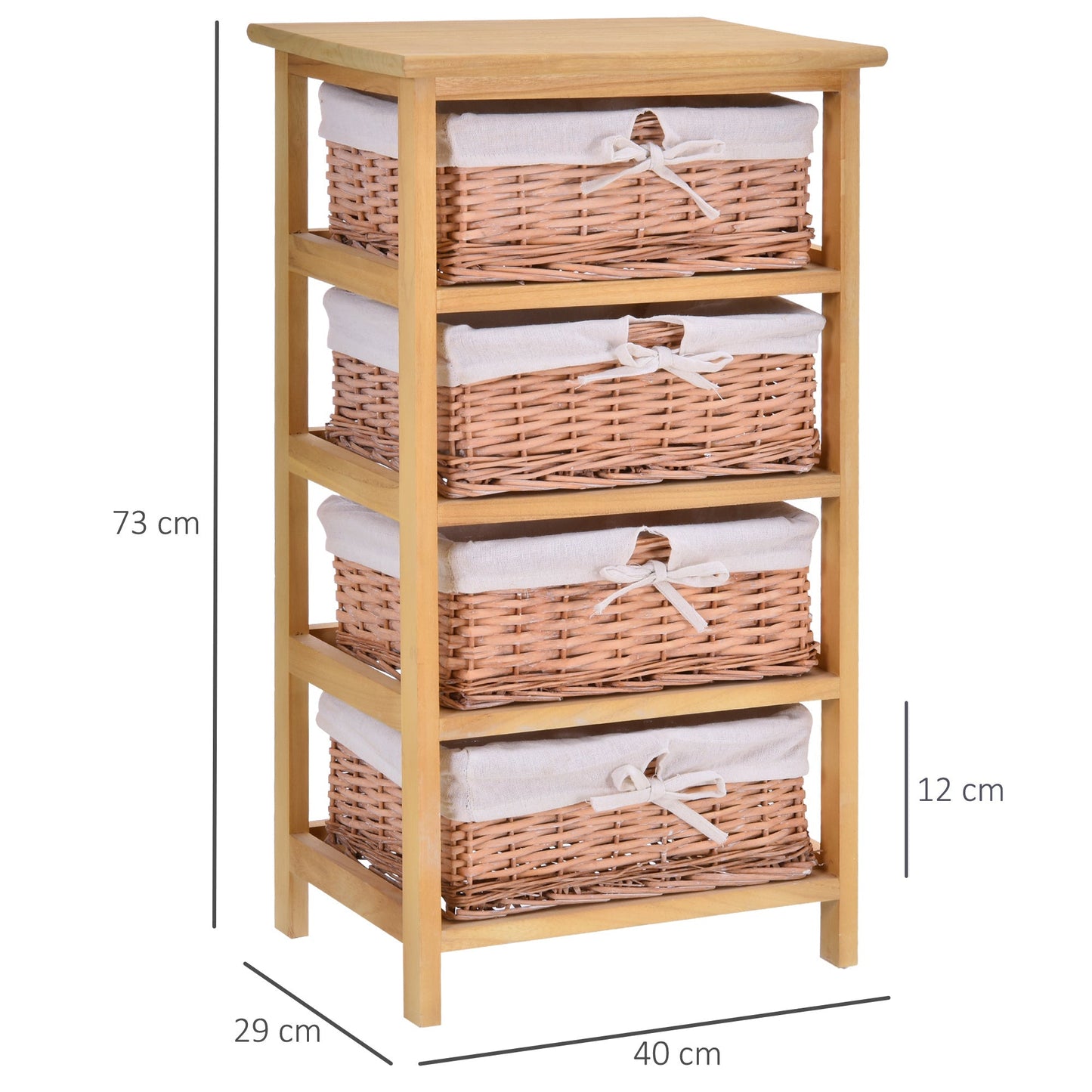 Homcom 4 Drawer Dresser Wicker Basket Storage Shelf Unit Wooden Frame Home Organisation Cabinet Bedroom Office Furniture Natural Finish 73x40cm