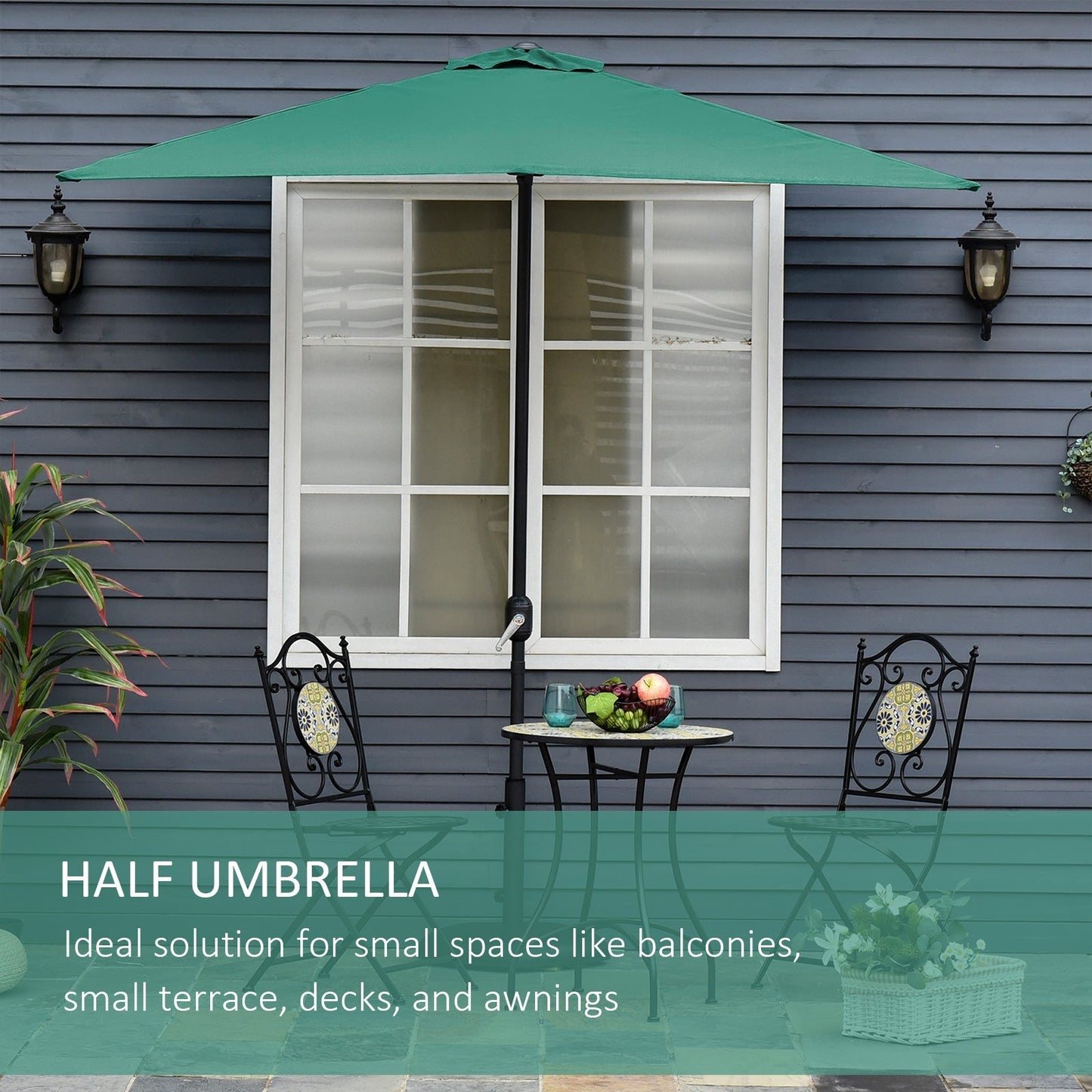 2.3m Half Round Parasol Umbrella Balcony Sun Shade Metal Green