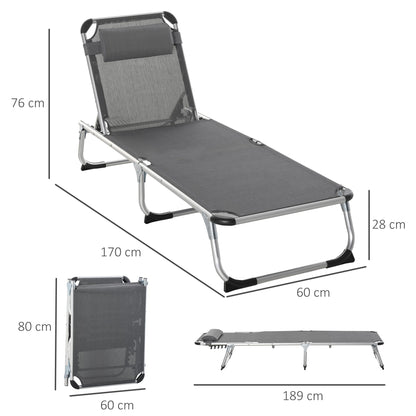 Foldable Reclining Sun Lounger Lounge Chair Camping Bed Cot with Pillow 5-Level Adjustable Back Aluminium Frame Grey