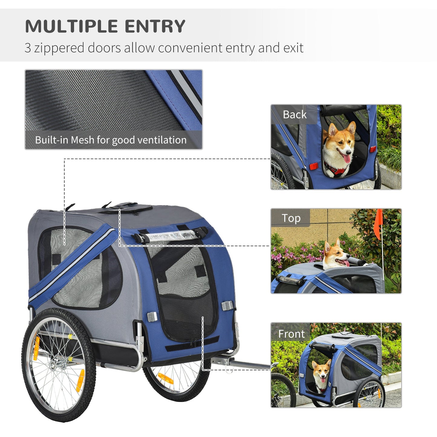 PawHut Folding Dog Bike Trailer Pet Cart Carrier for Bicycle Travel in Steel Frame with Hitch Coupler - Blue & Grey