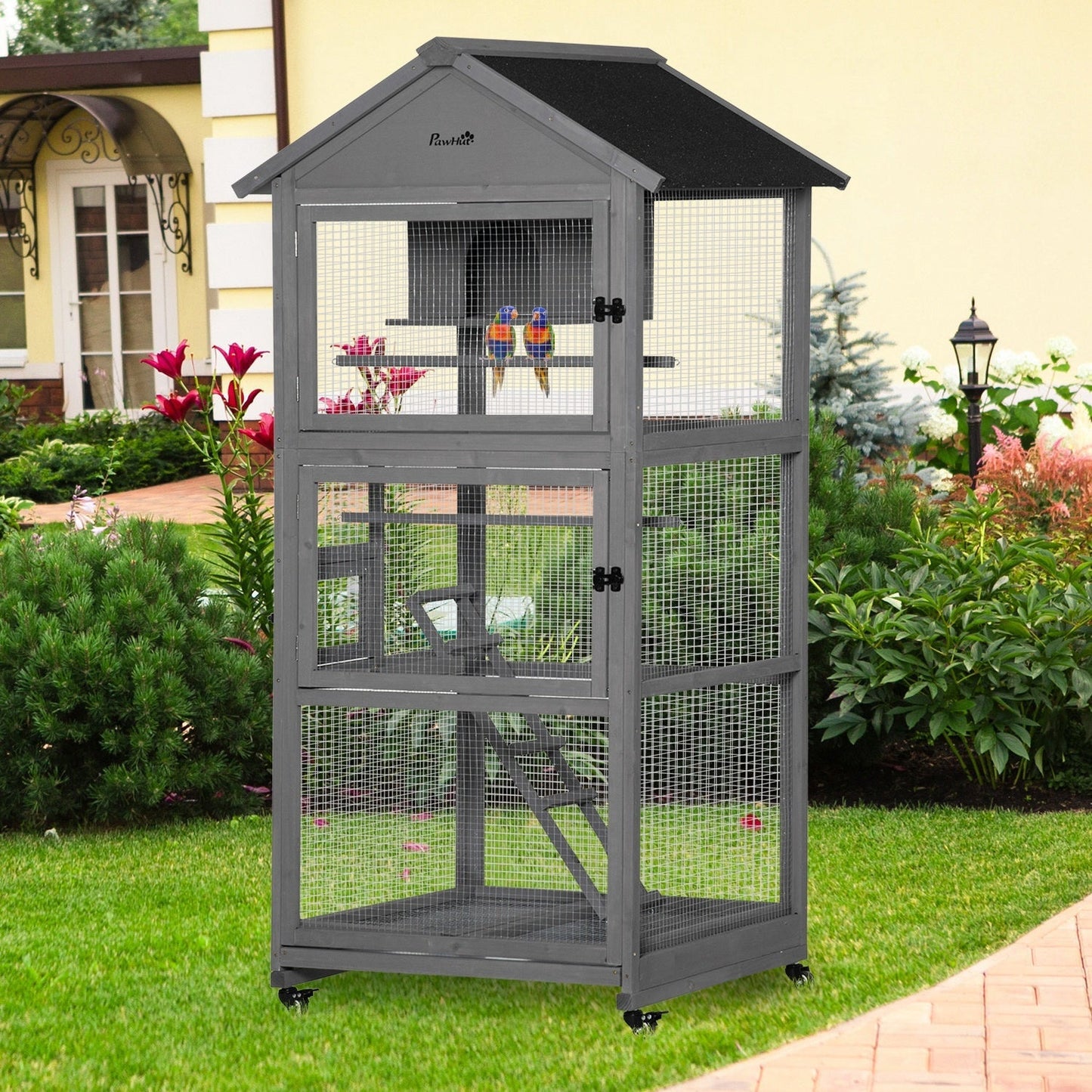 Cosy 180cm Bird Aviary Cage Wheeled Grey & Black by Pawhut