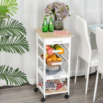 Mobile Rolling Kitchen Island Trolley for Home w/ Metal Baskets Trays Shelves Wheels Compact Stylish Storage White