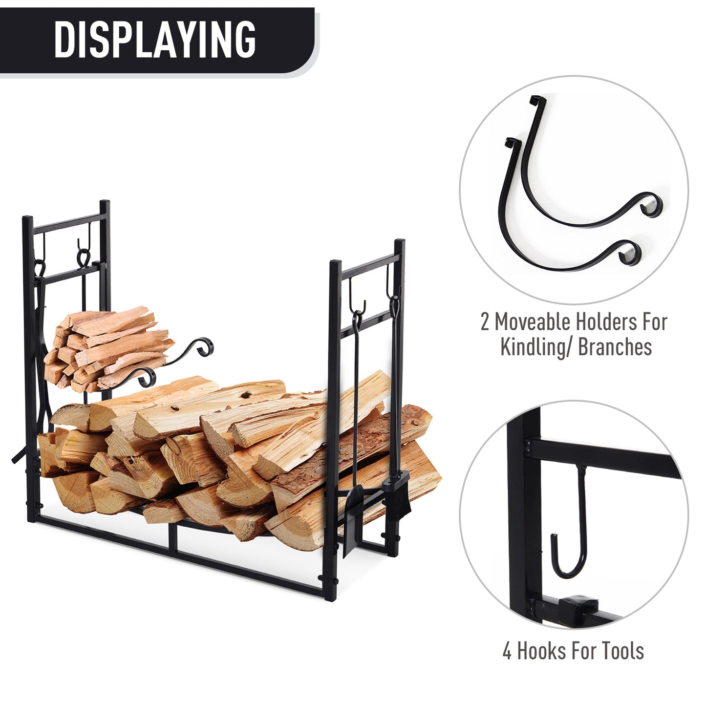 Metal Firewood Log Holder Indoor Outdoor Firewood Rack Fireplace 2 Tier Wood Storage Shelf with 4 Tools