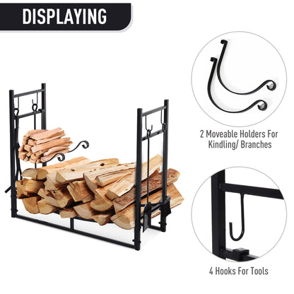 Metal Firewood Log Holder Indoor Outdoor Firewood Rack Fireplace 2 Tier Wood Storage Shelf with 4 Tools