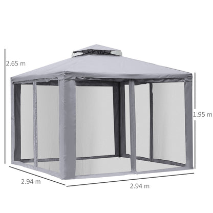 3 x 3 Meter Metal Gazebo Garden Outdoor 2-tier Roof Marquee Party Tent Canopy Pavillion Patio Shelter with Netting - Grey