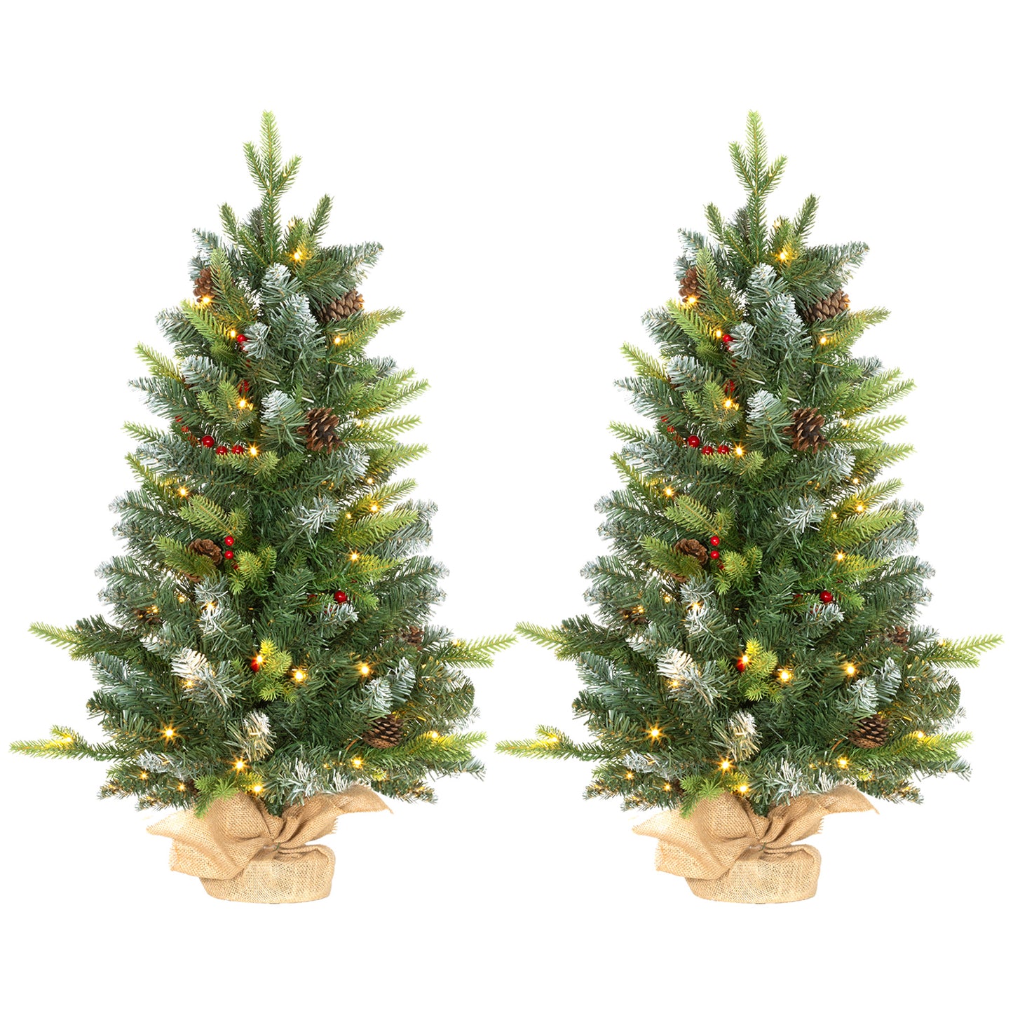 2x 3ft Burlap Base Christmas Tree Artificial - White Frosted Green with LED Lights Warm White 291 Tips