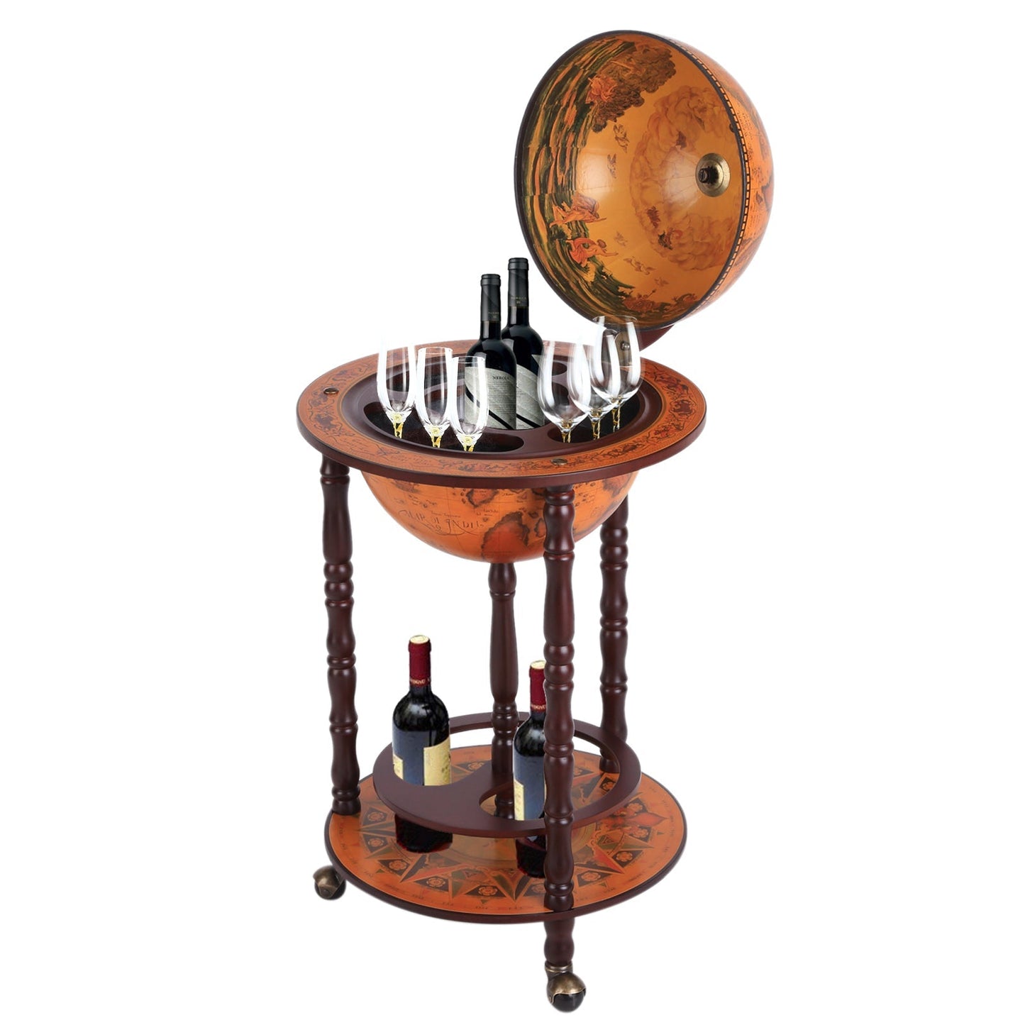 Globe Wine Trolley W/ 3 Wheels-Dark Red