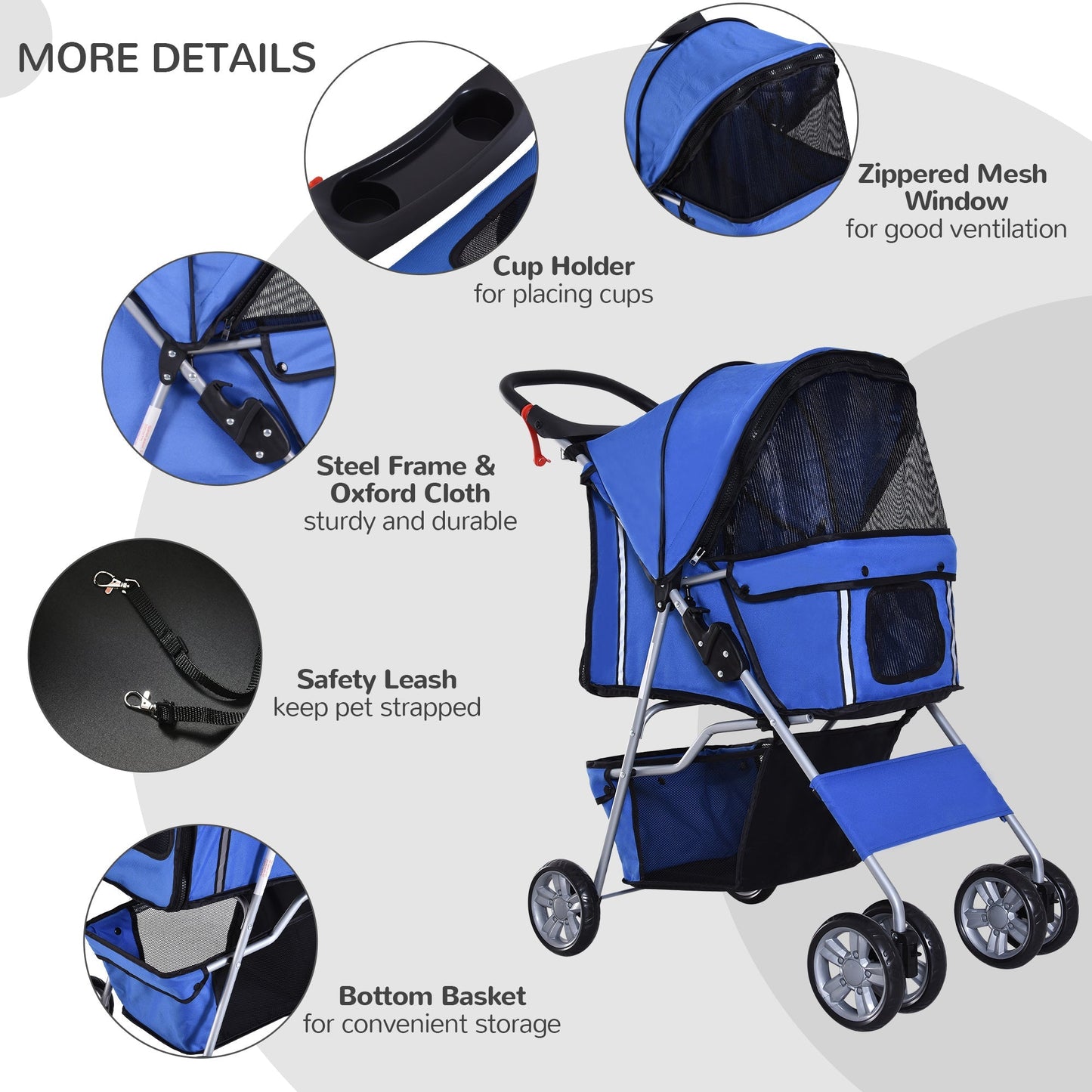 PawHut Pet Stroller for Small Miniature Dogs Cats Foldable Travel Carriage with Wheels Zipper Entry Cup Holder Storage Basket Blue