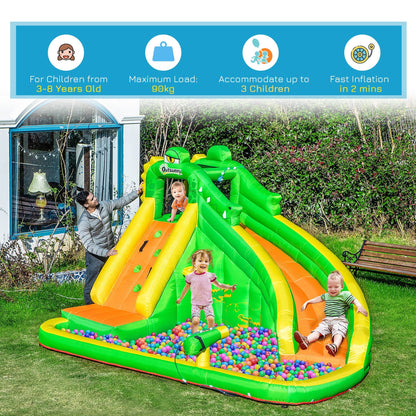 5 in 1 Kids Bouncy Castle Large Crocodile Style Inflatable House Slide Basket Water Pool Gun Climbing Wall with Blower Carrybag for Kids Age 3-8