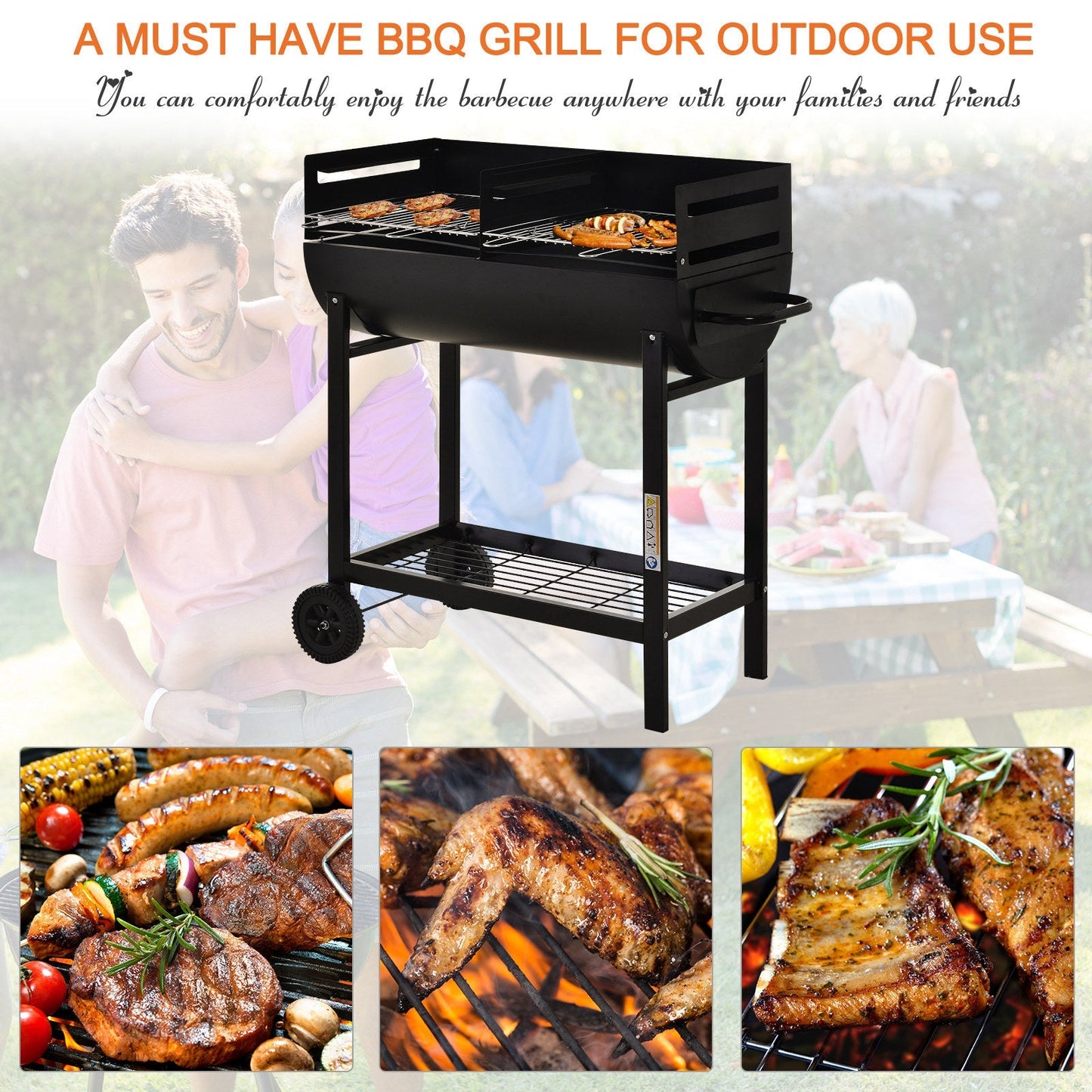 Steel 2-Grill Charcoal BBQ w/ Wheels Black