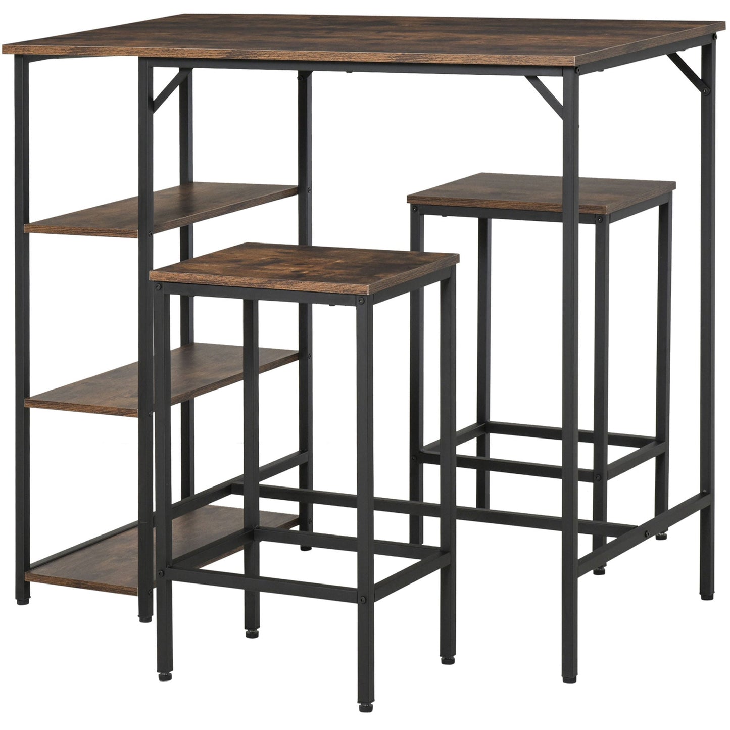 Dining Table Set Industrial Bar Height With 2 Stools & Side Shelf