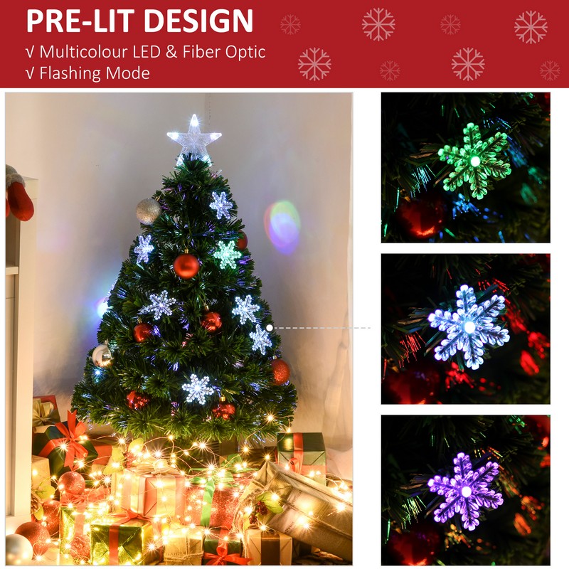 Homcom 3 Foot Green Fibre Optic Artificial Christmas Tree Xmas Colourful LED Scattered Tree with Snowflakes Ornaments Fireproofing