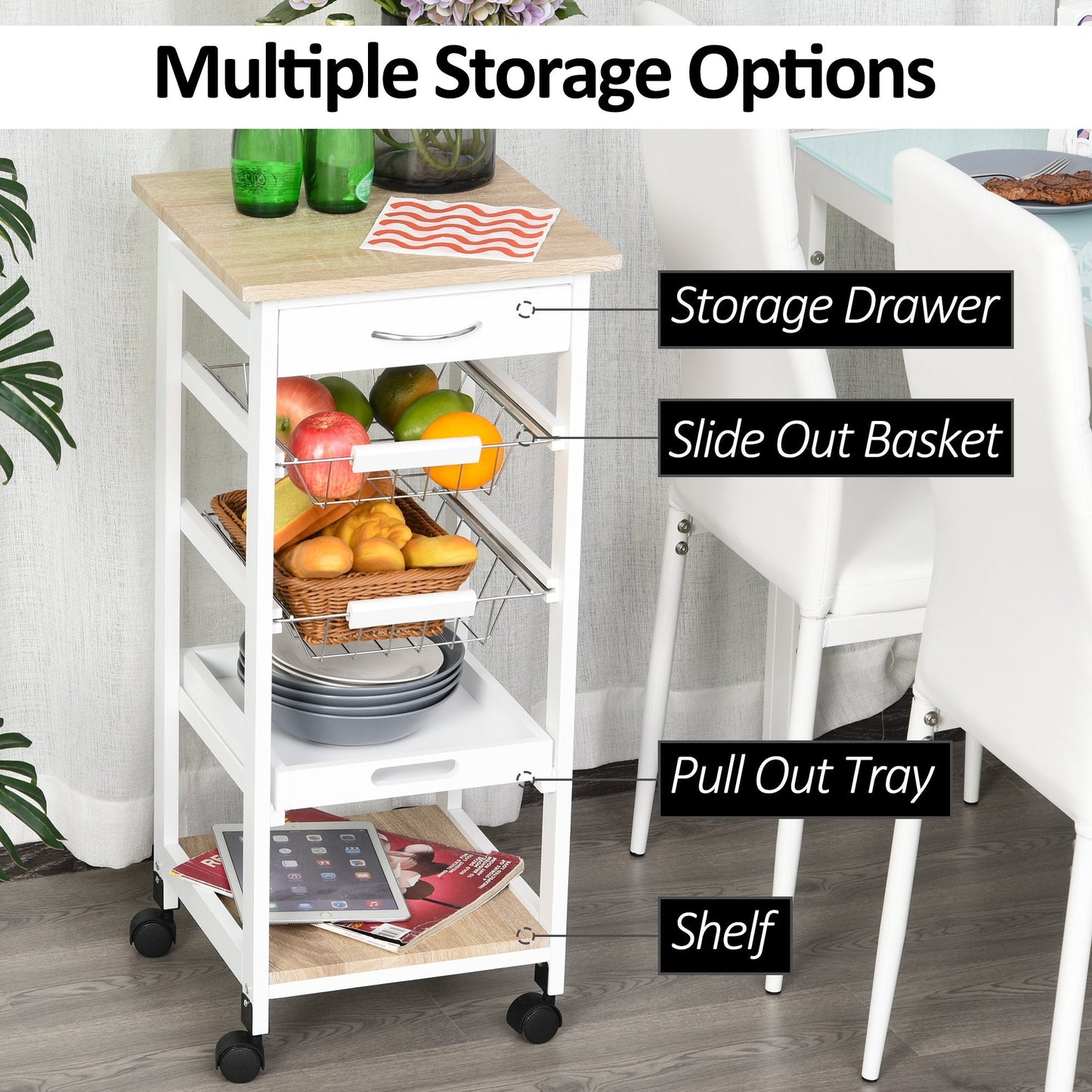 Mobile Rolling Kitchen Island Trolley for Home w/ Metal Baskets Trays Shelves Wheels Compact Stylish Storage White