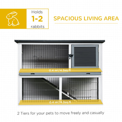 PawHut 2-Tier Wooden Rabbit Hutch Guinea Pig House Bunny Cage Backyard w/ Ramp Outdoor Run Built-in Tray Openable Roof Small Animal House Grey