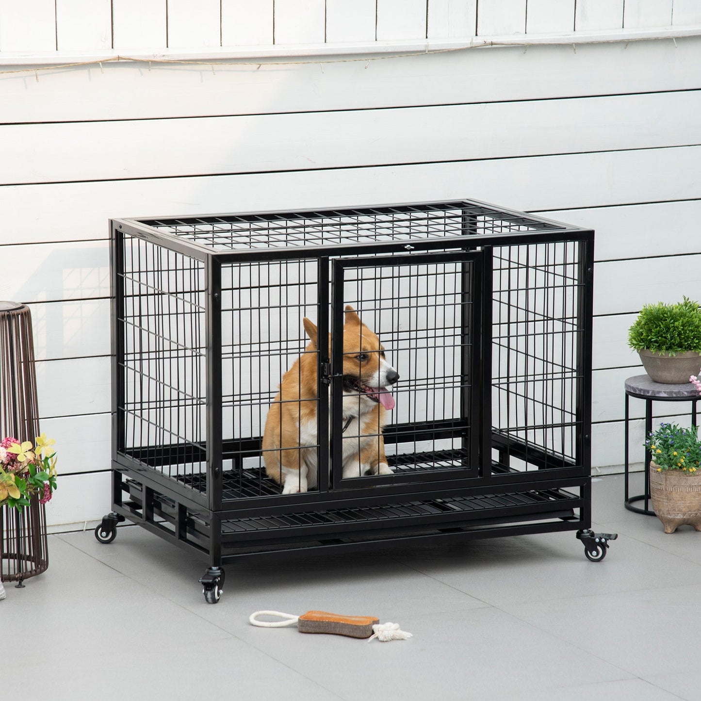 PawHut Metal Kennel Cage W/Wheels and Crate Tray