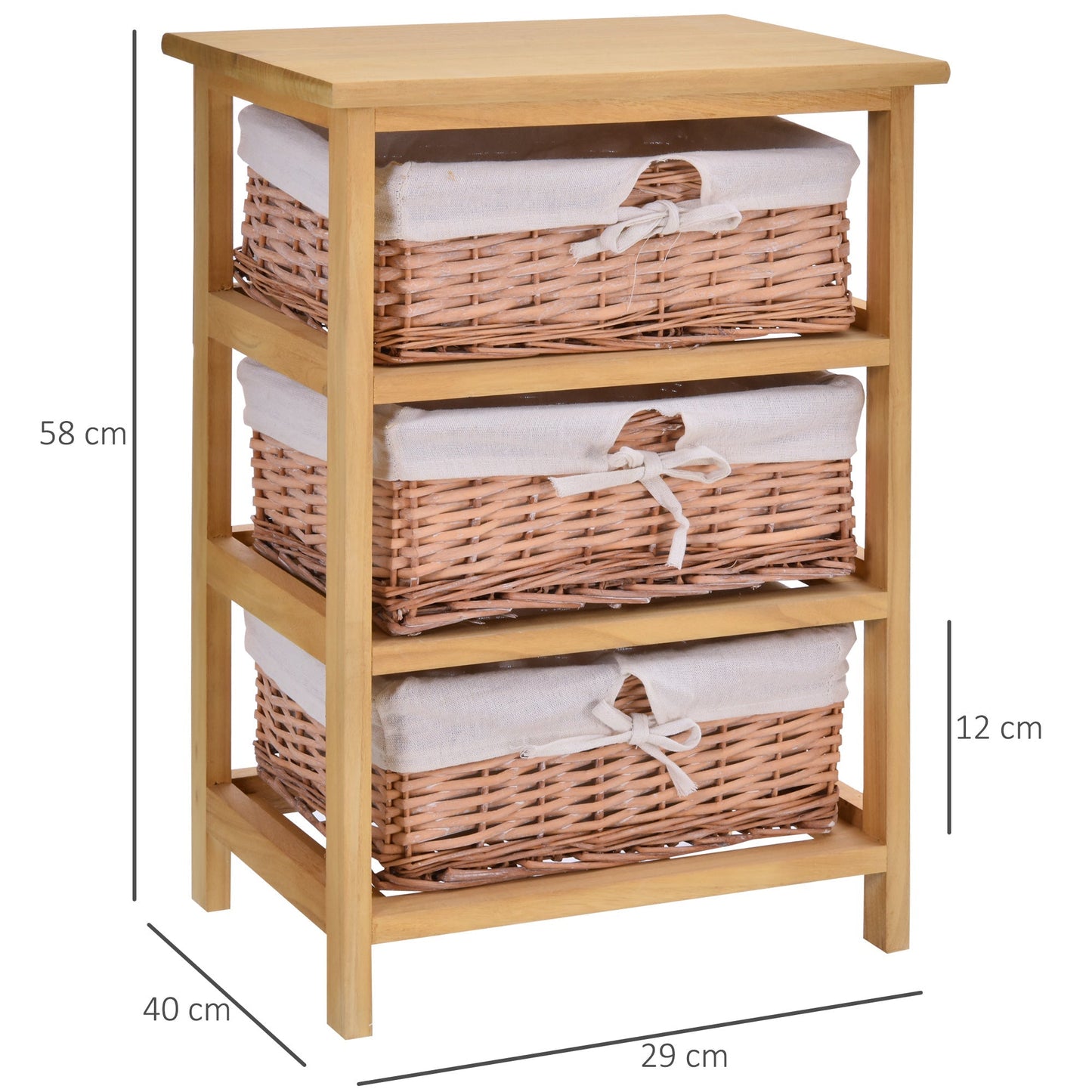 Homcom 3-Drawer Storage Wicker Basket Shelf Unit Wooden Frame Home Organisation Cabinet 58x40cm