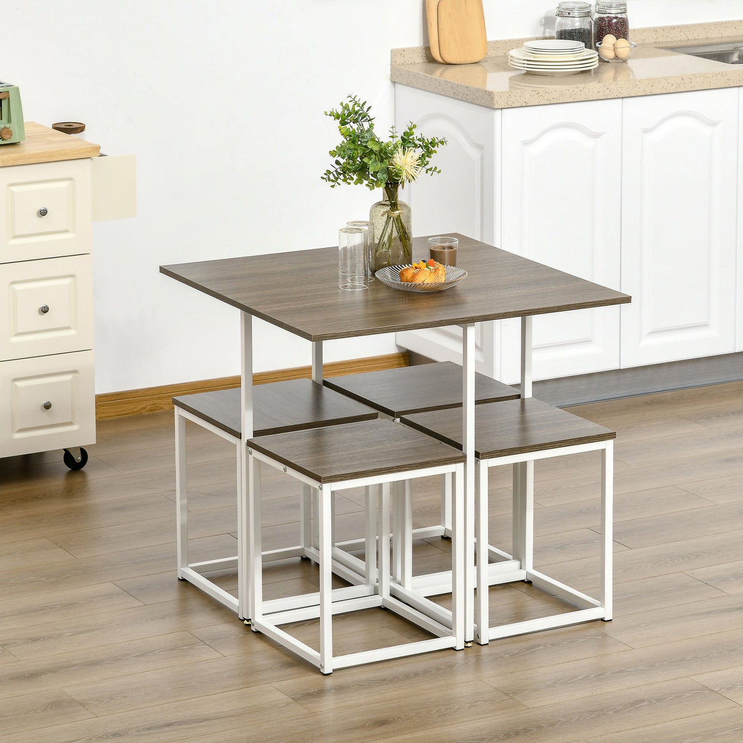 Modern 5-Piece Dining Table Set Metal Frame Square Kitchen Table with 4 Chairs