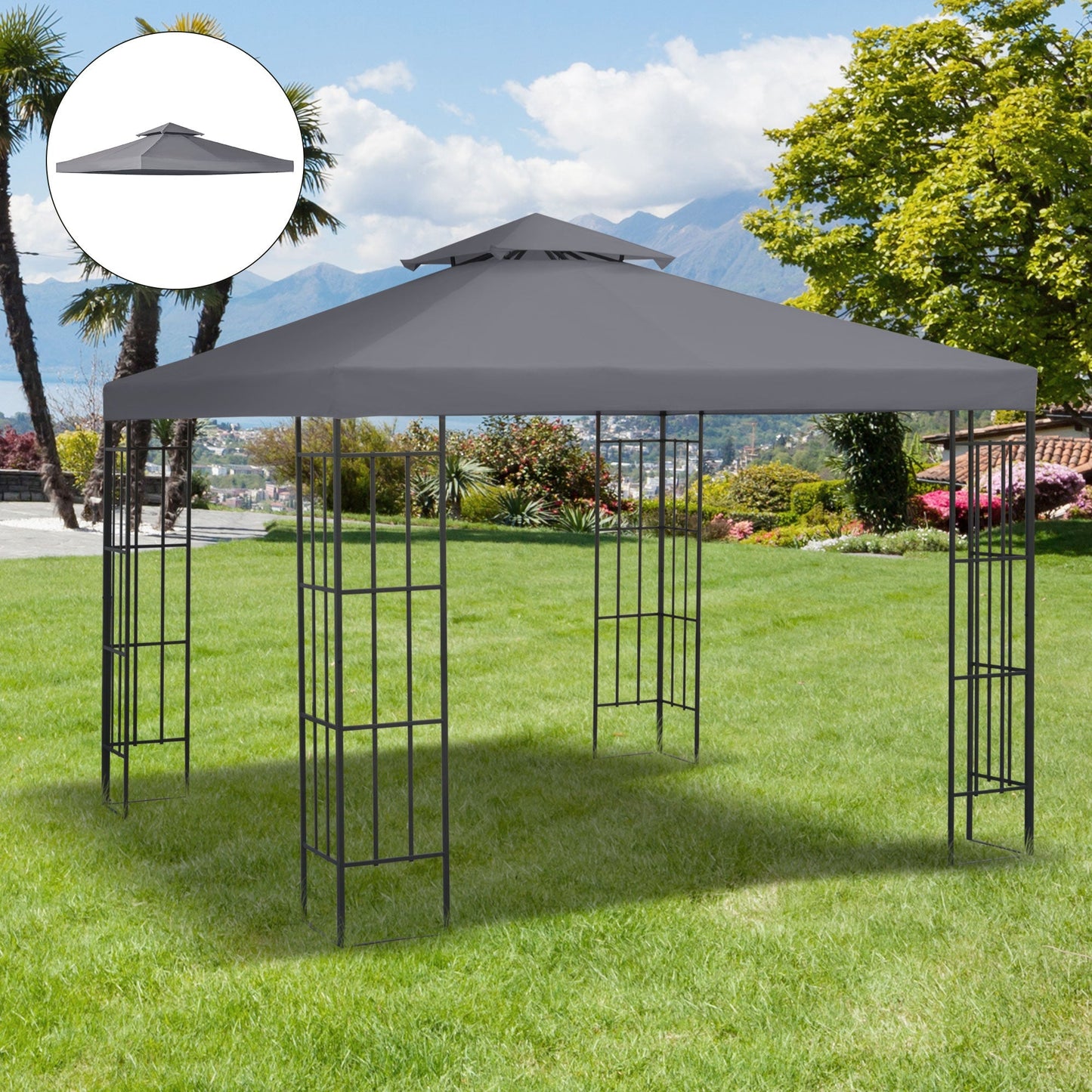 3M Gazebo Top Cover Double Tier Canopy Replacement Pavilion Roof Deep Grey