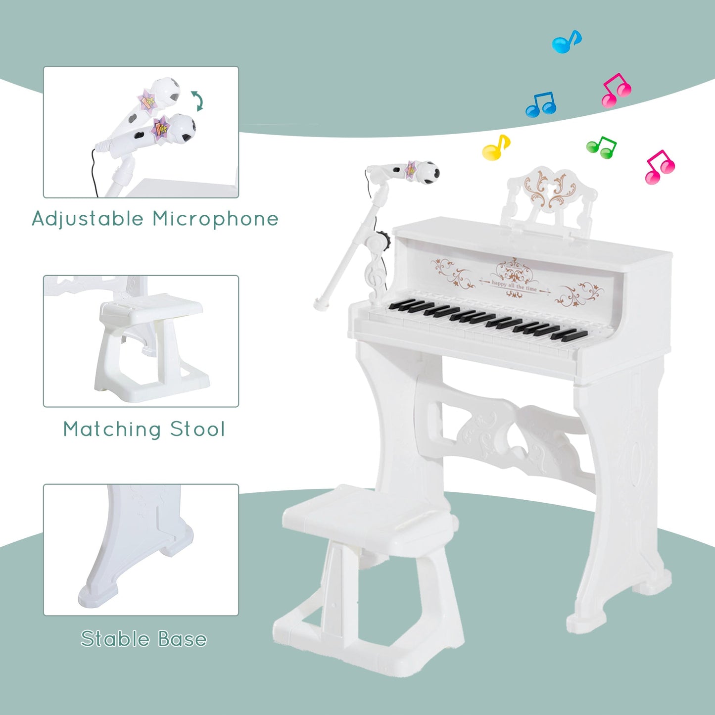 37 Keys Kids Piano Mini Electronic Keyboard Light Kids Musical Instrument Educational Game Children Grand Piano Toy Set w/Stool & Microphone & Music Stand White