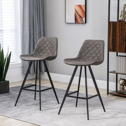 Set Of 2 Bar Stools Vintage Microfiber Cloth Tub Seat Padded Comfortable Steel Frame Footrest Quilted Home Bar Cafe Kitchen Chair Stylish Dark Grey