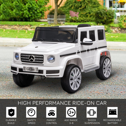 Homcom Compatible 12V Battery-powered 2 Motors Kids Electric Ride On Car Mercedes Benz G500 Toy with Parental Remote Control Music Lights MP3 Suspension Wheels for 3-8 Years Old White