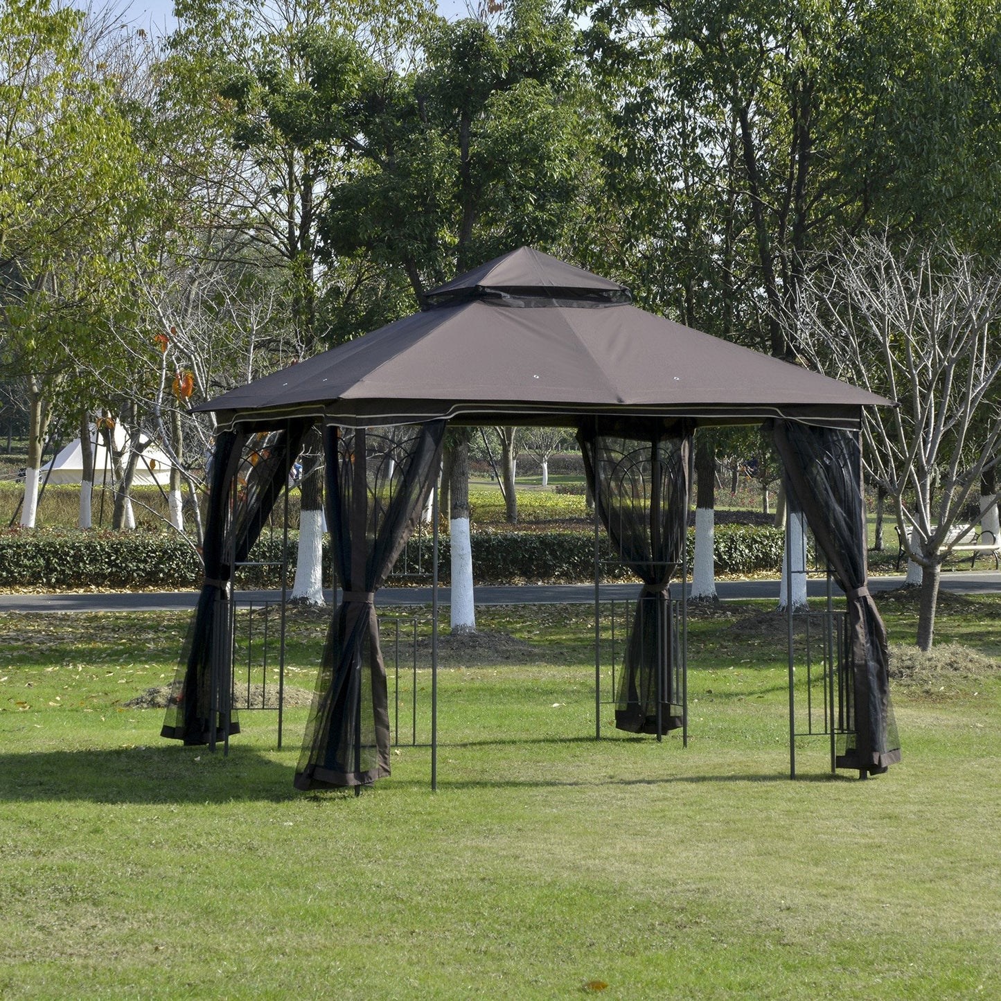 Outsunny 3 X 3M Metal Gazebo Garden Outdoor 2-Tier Roof Marquee Party Tent Canopy Pavillion Patio Shelter With Netting And Shelf Coffee