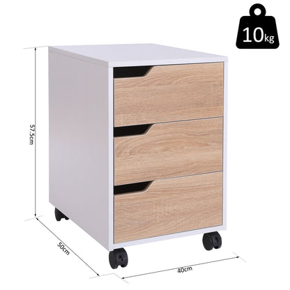 Medium-density fibreboard Mobile File Cabinet w/ 3 Drawers Locking Wheels Metal Rails Oak Tone White