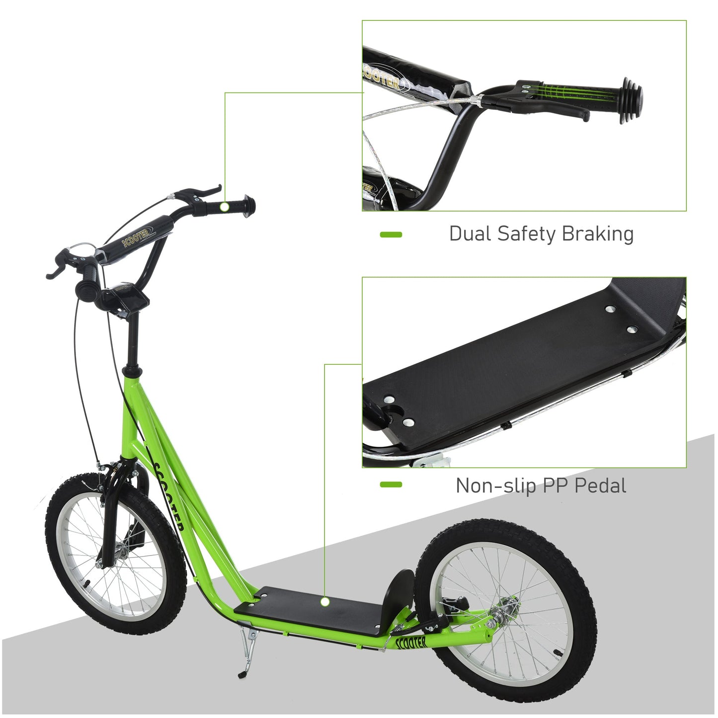 90-96cm Kids Kick Scooter w/ Adjustable Handlebar Inflatable Wheels Brakes Green