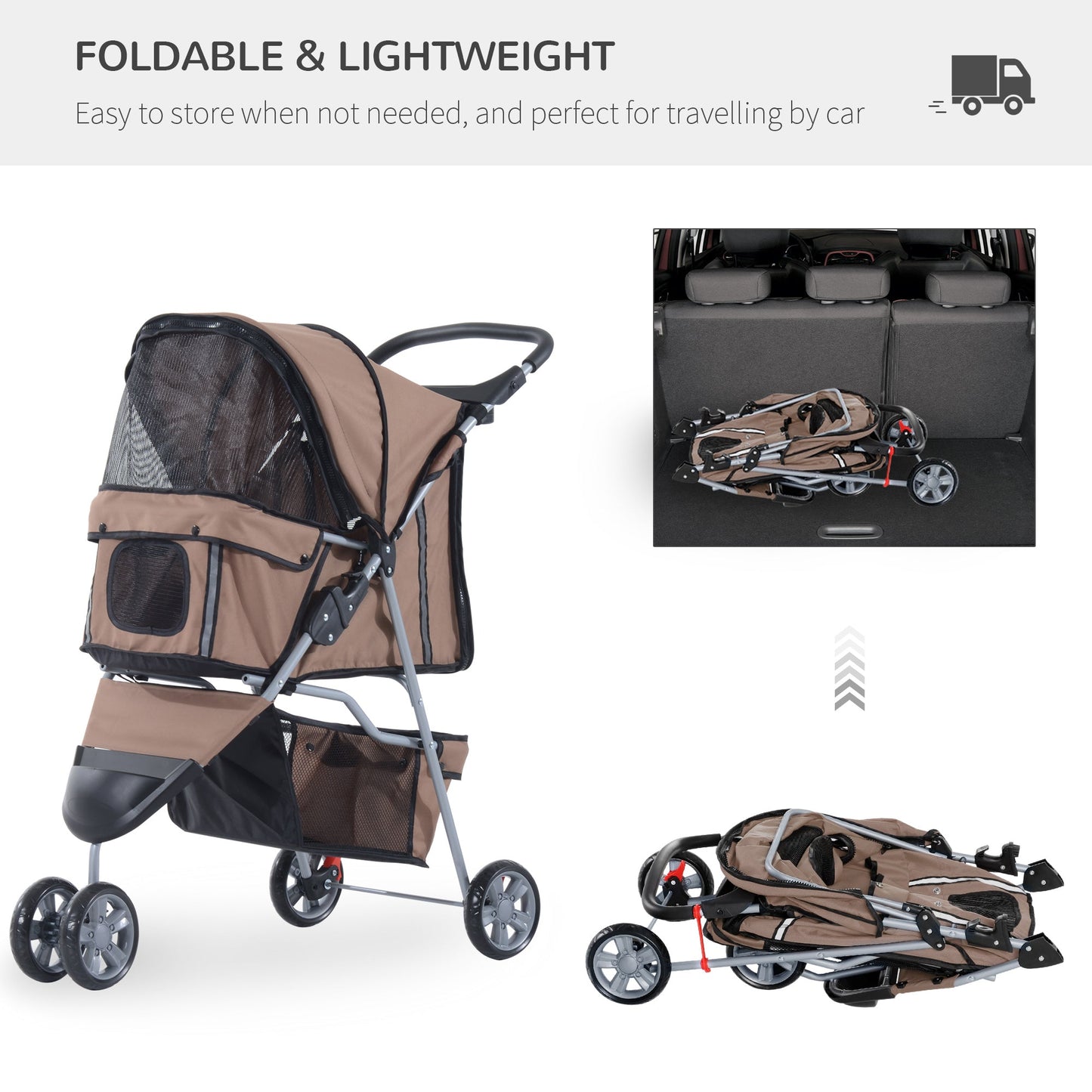 PawHut Pet Travel Stroller Cat Dog Pushchair Trolley Puppy Jogger Carrier Three Wheels for Small Miniature DogsCoffee