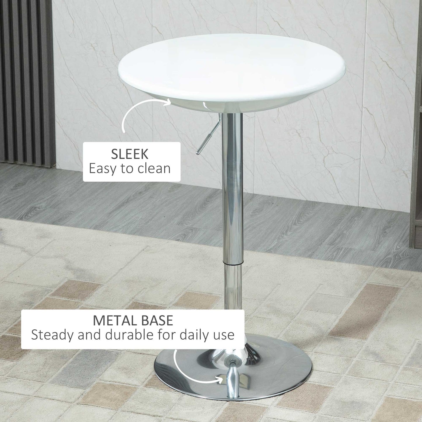 Modern Round Bar Table Adjustable Height Home Pub Bistro Desk Swivel Painted Top with Silver Steel Leg and Base