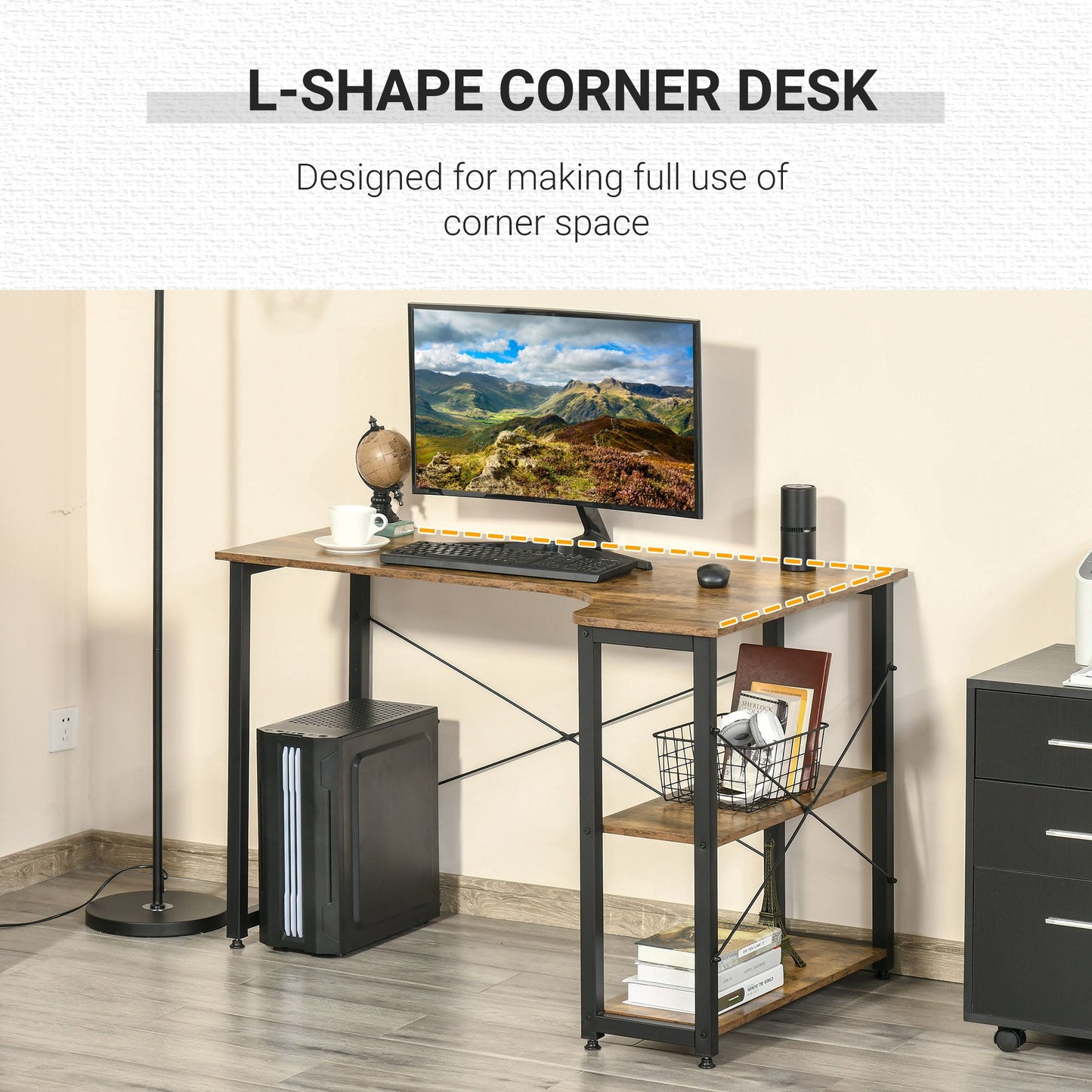 L-Shaped Computer Desk Home Office Corner Desk Study Workstation Table with 2 Shelves