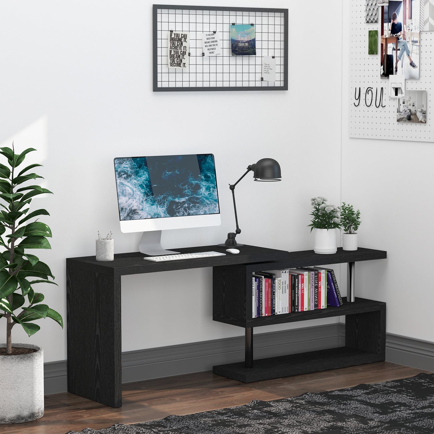 Homcom 360 Rotating L-Shaped Corner Computer Desk Home Office Writing Table Swivel Workstation With Storage Shelf