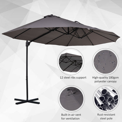 Double Canopy Offset Parasol Umbrella Garden Shade w/ Steel Pole 12 Ribs Grey