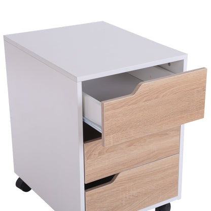 Medium-density fibreboard Mobile File Cabinet w/ 3 Drawers Locking Wheels Metal Rails Oak Tone White