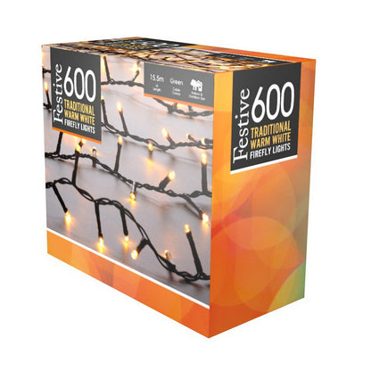 Christmas String Fairy Lights Animated Warm White Outdoor 600 LED - 15.57m Firefly