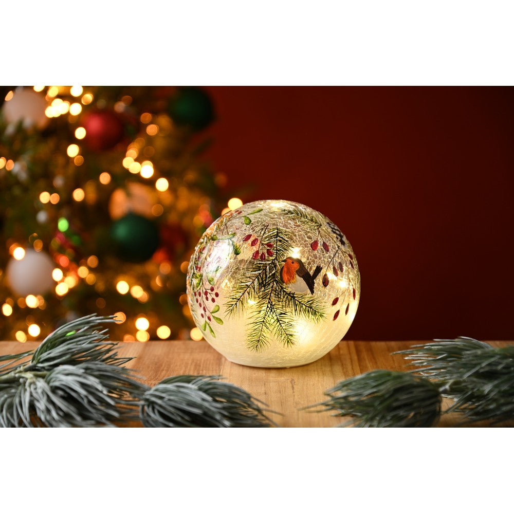 Christmas LED Christmas Robin  &  Berries Crackle Ball - 3.49cm