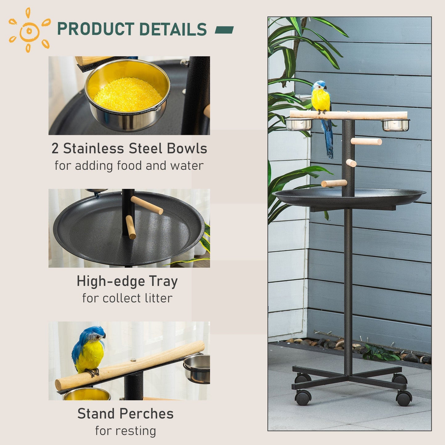 111cm Bird Barh & Feeder Wheeled Stainless Steel & Wood Black by Pawhut