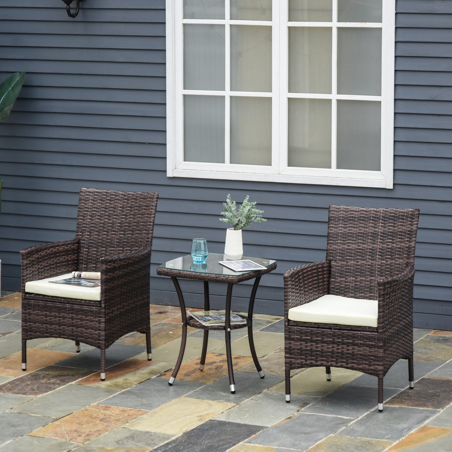 Outsunny Three-Piece Rattan Chair Set With Cushions - Brown