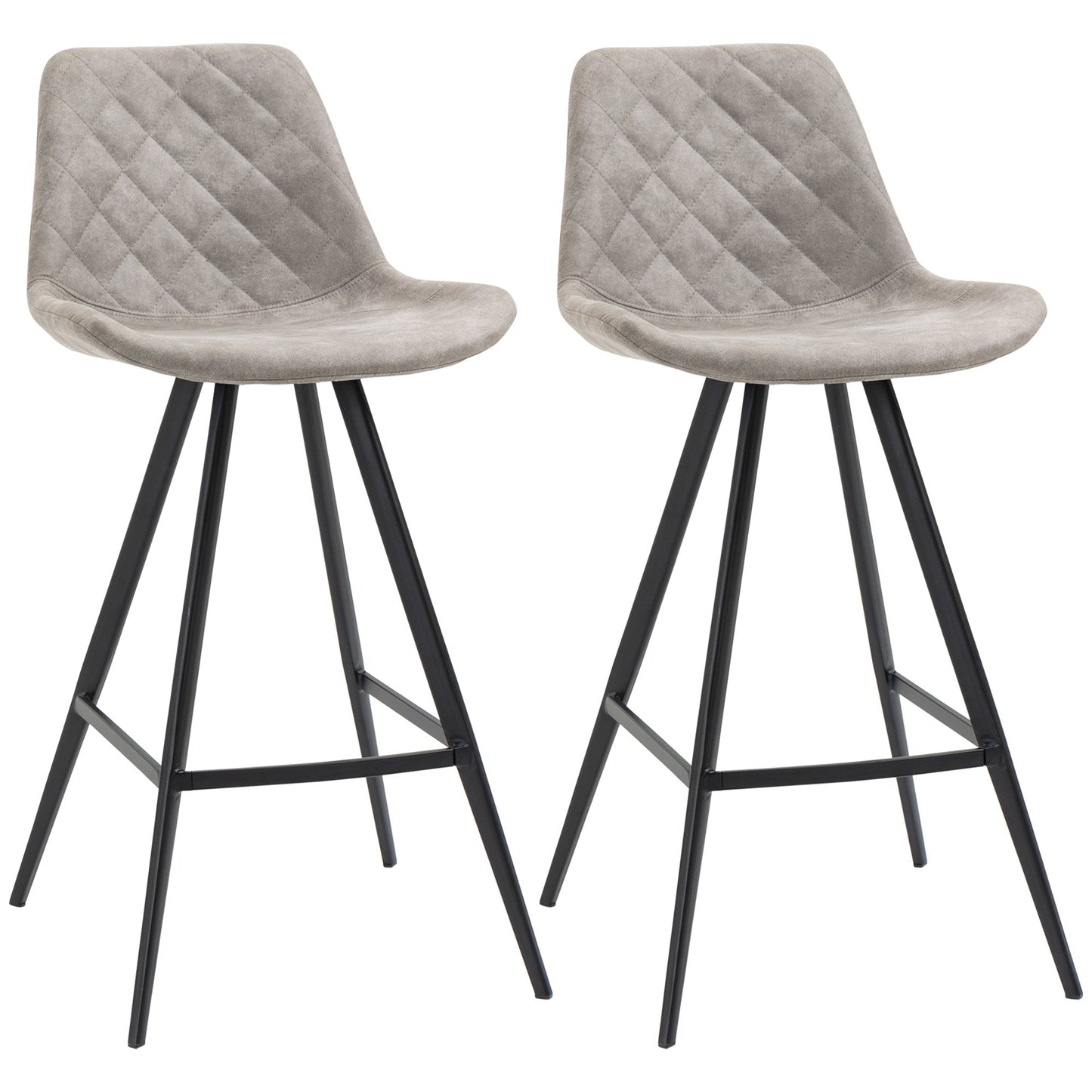 Set Of 2 Bar Stools Vintage Microfiber Cloth Tub Seat Padded Comfortable Steel Frame Footrest Quilted Home Bar Cafe Kitchen Chair Stylish Grey