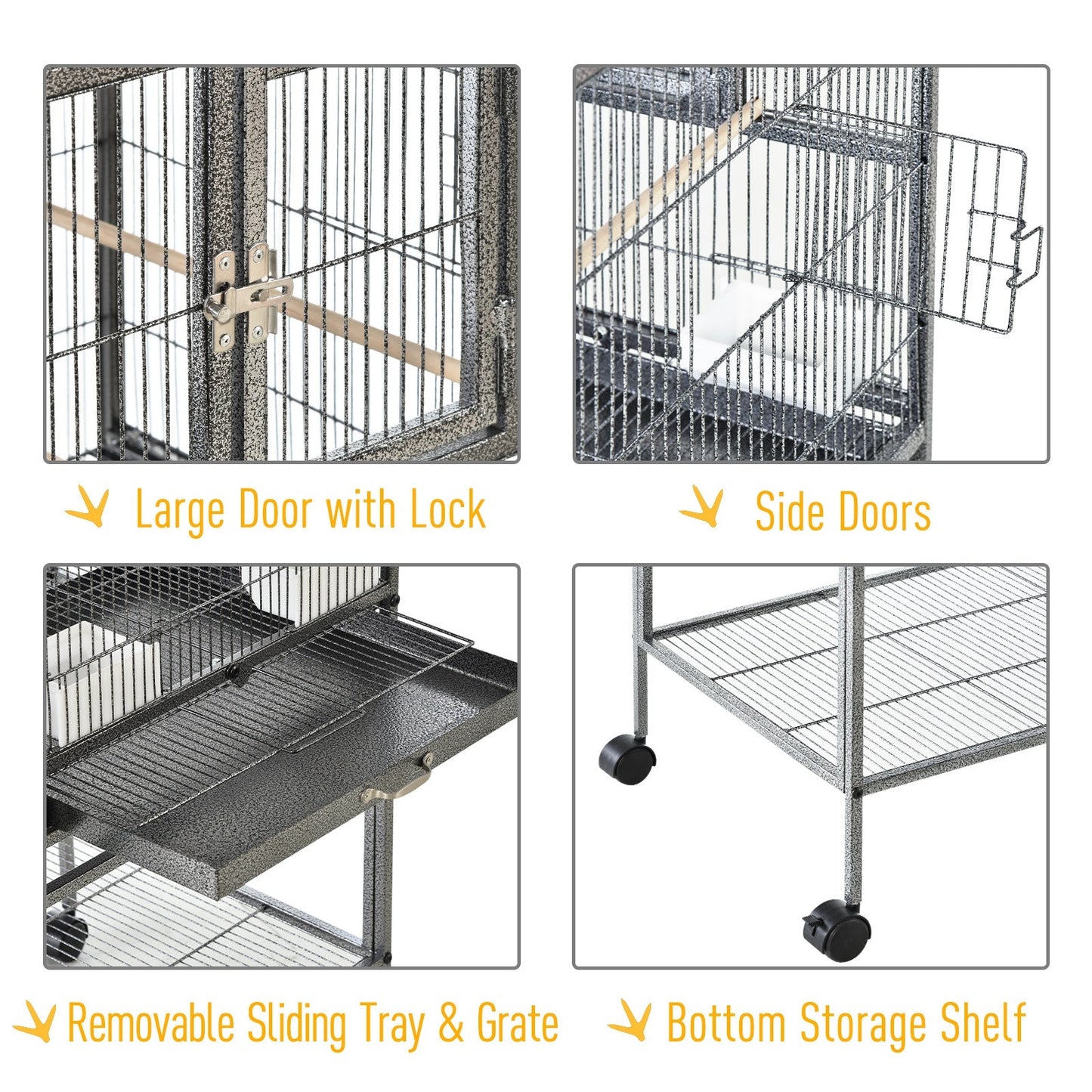 Grille 102cm Parrot Cage Wheeled Grey & Black by Pawhut