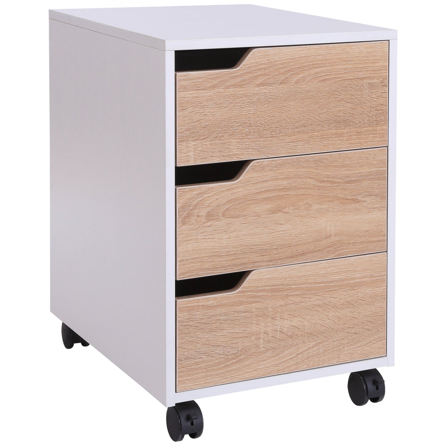 Medium-density fibreboard Mobile File Cabinet w/ 3 Drawers Locking Wheels Metal Rails Oak Tone White