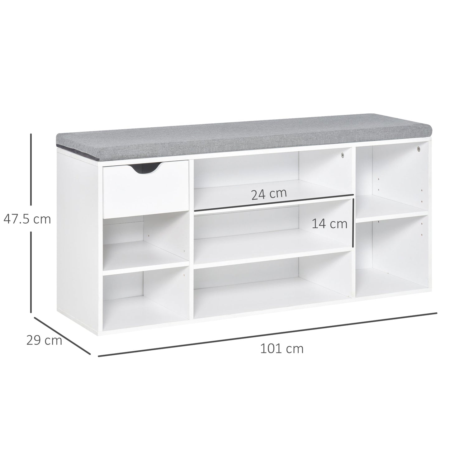 Shoe Storage Bench w/ Cushion 7 Compartments Adjustable Shelves White and Grey