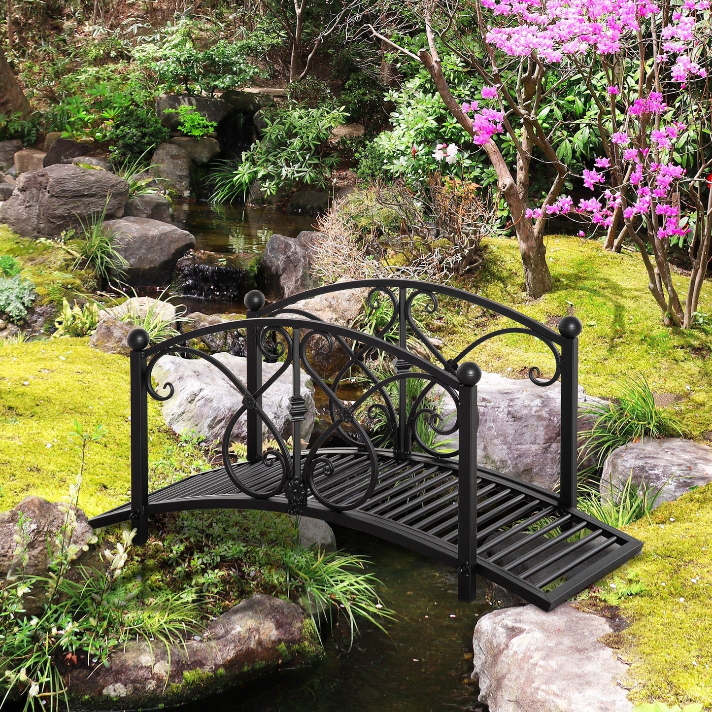 Classic Garden Bridge with Safety Railings Arc Footbridge Decorative Pond for Backyard Creek Stream