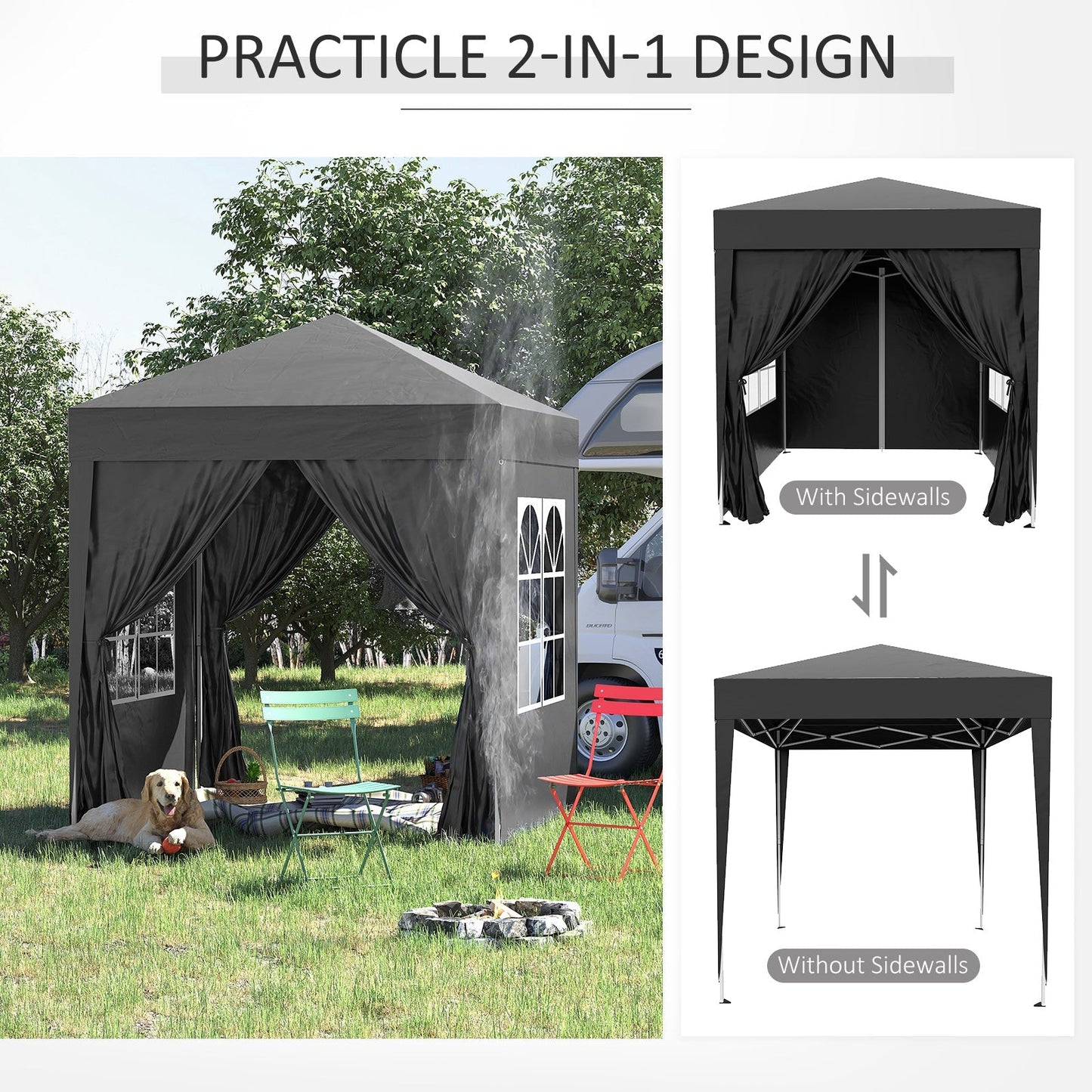 2m x 2m Garden Pop Up Gazebo Marquee Party Tent Wedding Awning Canopy New With free Carrying Case Black + Removable 2 Walls 2 Windows