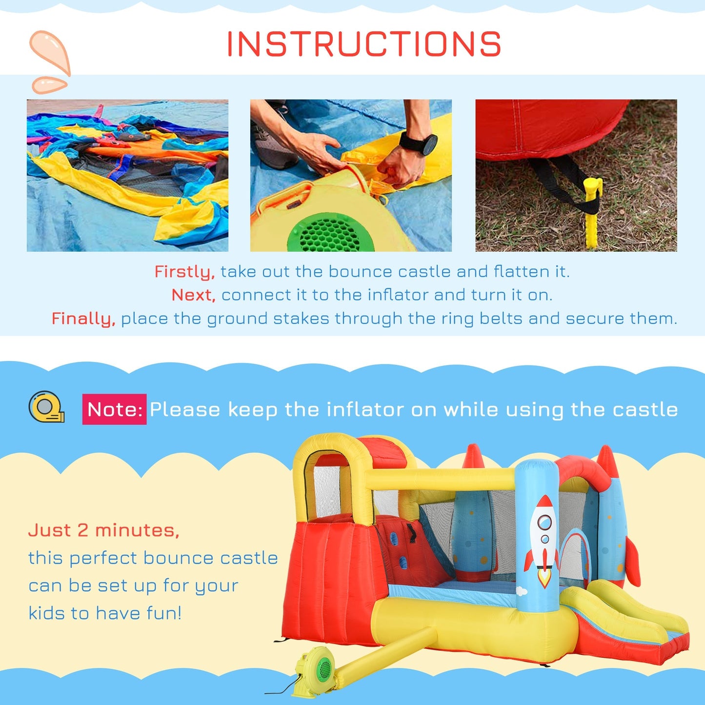 Bounce Castle Inflatable Trampoline Slide Pool Rocket Design 3.4 x 2.8 x 1.85m