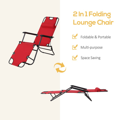 2 in 1 Sun Lounger Folding Reclining Chair Garden Outdoor Camping Adjustable Back with Pillow Red